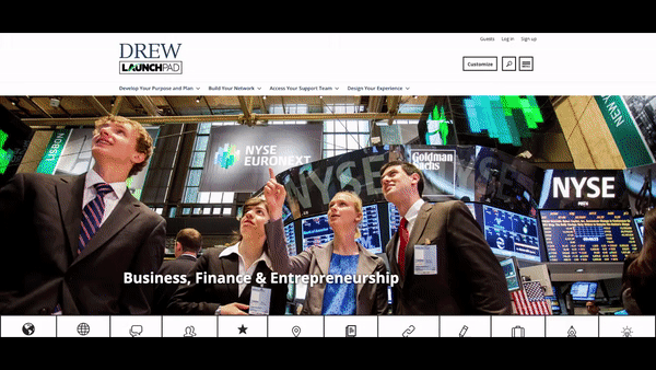 Animated GIF of student stories highlighted on Drew University's business, finance, and entrepreneurship page