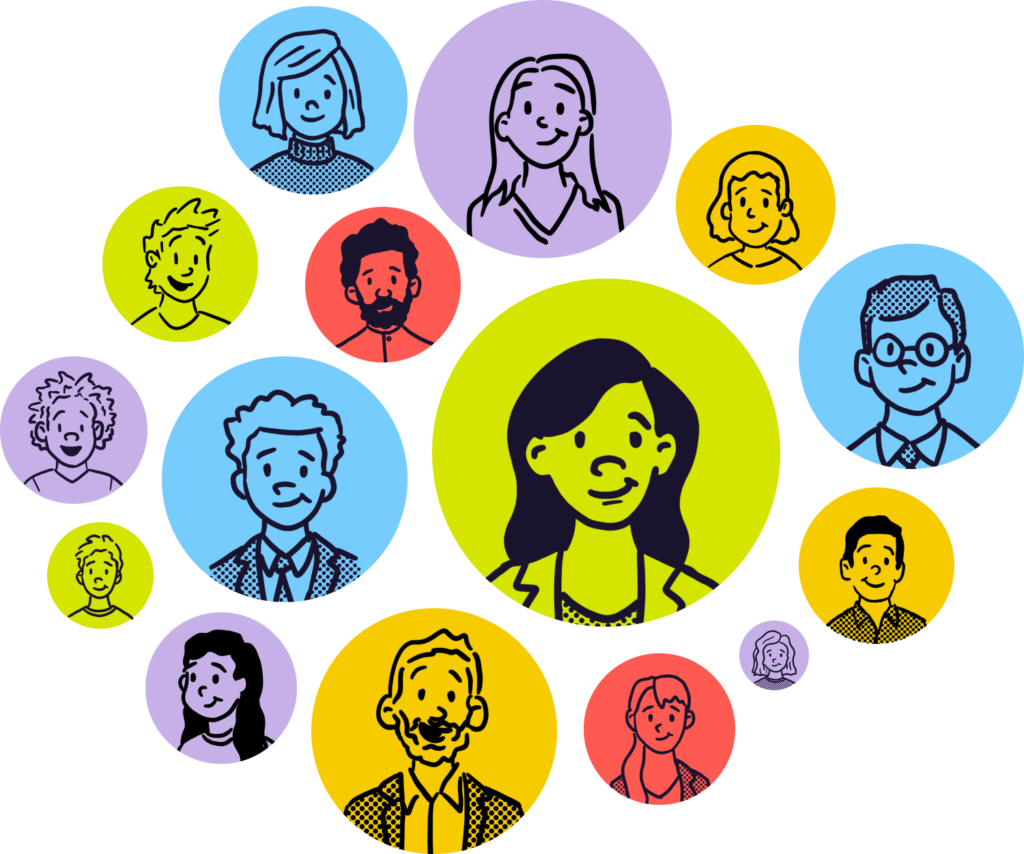 Hand-drawn avatars on colored circle backgrounds