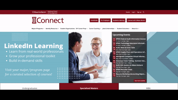 Animated GIF of the Labor Market Insight (LMI) module on University of Massachusetts Amherst Isenberg School of Management’s virtual career center