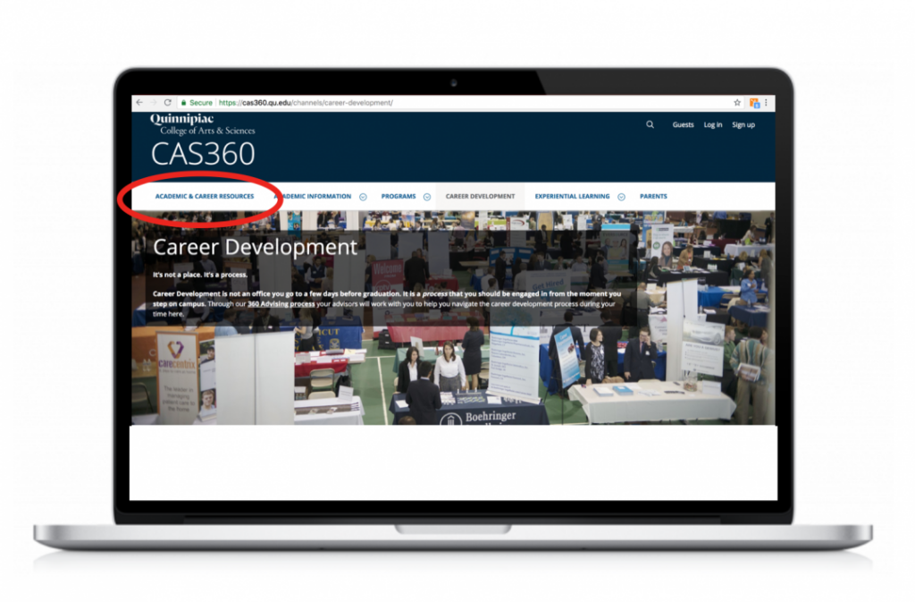 Quinnipiac's CAS360 homepage with the Academic and Career Resources tab circled