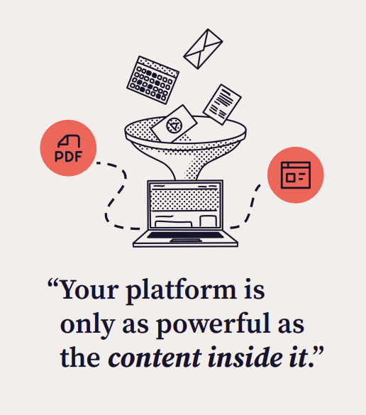 An illustration of career resources funneling into a career center website with text below it that says "your platform is only as powerful as the content inside it."