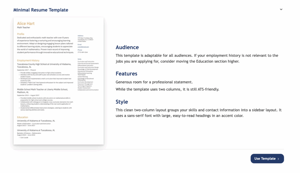 Screenshot of a resume template wrapper page built on the uConnect platform