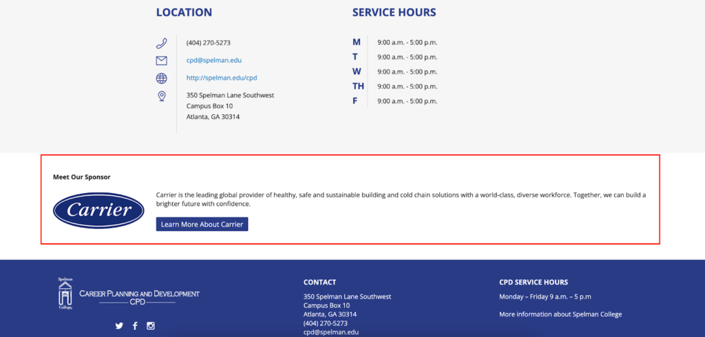 Screenshot of a footer on the Spelman College virtual career center homepage with the Carrier logo, a short description about Carrier, and a link to learn more.