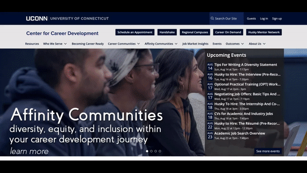 Animated GIF of a community page on the UConn Center for Career Development