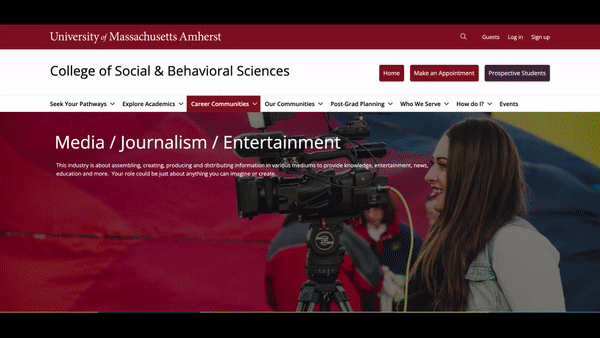 Animated GIF of UMass Amherst College of Behavioral and Social Sciences virtual career center featuring courses from LinkedIn Learning