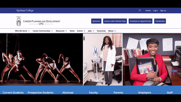 A GIF showing a cursor clicking on the sponsors button on the Spelman College virtual career center homepage and going to a webpage with all the sponsors on it.