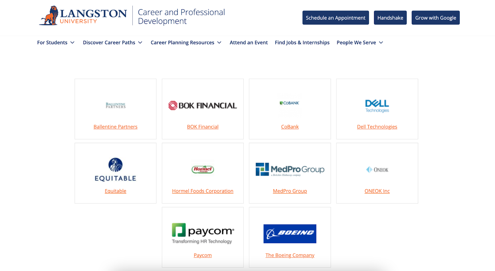 A screenshot of the Langton University virtual career center sponsors page, with sponsors including Ballentine Partners, BOK Financial, CoBank, Dell Technologies, Equitable, Hormel Foods Corporation, MedPro Group, ONEOK Inc, Paycom, and The Boeing Company.