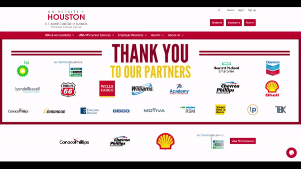 A GIF showing the homepage of the University of Houston Bauer College of Business' virtual career center homepage. A hero image at the top of the page includes logos from all of the college's digital corporate sponsors.