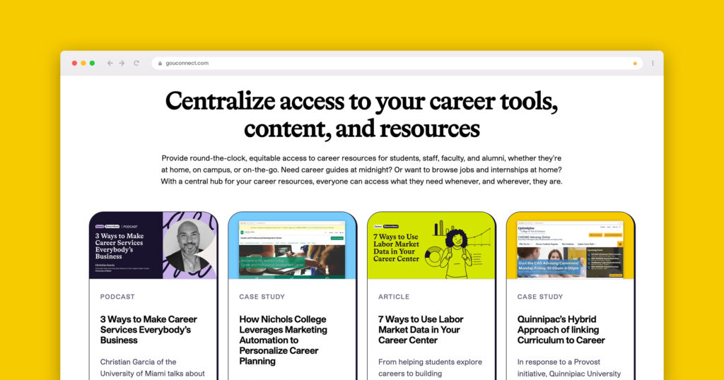 Screenshot of the Use Cases page on the uConnect website showcasing 4 content cards focusing on centralizing access to resources