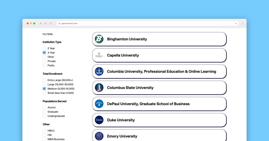 Screenshot of the Client Directory page with filters checked for 4-year and medium-sized schools; a list of content cards with filtered school names is shown in a second column