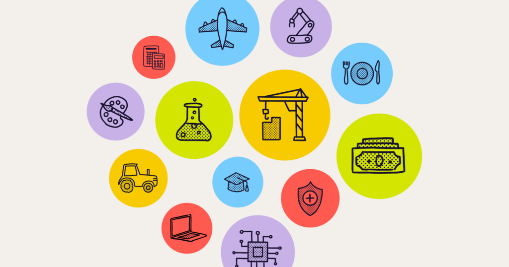 Hand-drawn icons on colored circle backgrounds representing different industries, such as science and finance