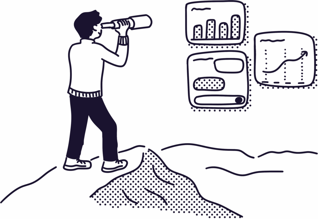 Illustration of a man standing on a mountain and looking through a telescope at three floating cards with various charts