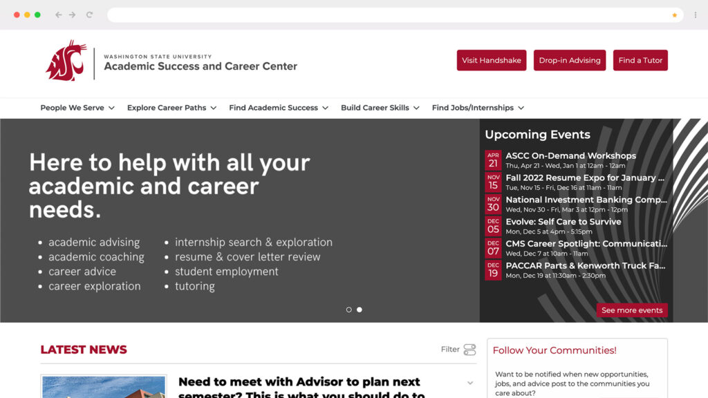 Screenshot of Washington State University's uConnect implementation in a browser window